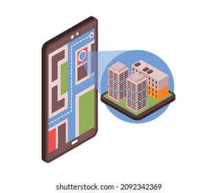 Isometric taxi navigation composition with smartphone app and images of buildings block vector illustration