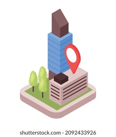 Isometric taxi navigation composition with view of city block with trees buildings and big location sign vector illustration