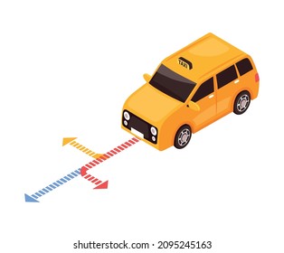 Isometric taxi navigation composition with yellow cab and colorful dashed arrows vector illustration