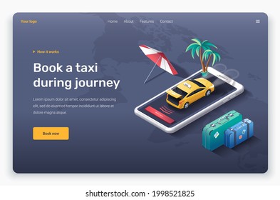 Isometric taxi with open trunk, beach umbrella, palm trees, suitcases. Landing page template. 