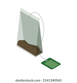Isometrische Teebeutel mit grünem Etikett auf weißem Hintergrund 3D Vektorgrafik