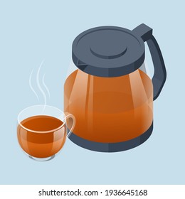 Isometric Tea ceremony icon. Fresh brewed black tea in a glass teapot and cup of tea. Traditional Asian tea ceremony arrangement.