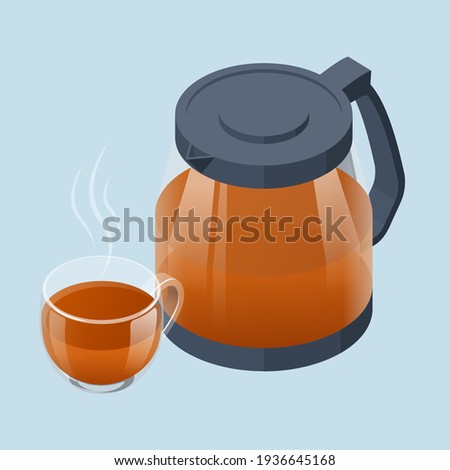 Isometric Tea ceremony icon. Fresh brewed black tea in a glass teapot and cup of tea. Traditional Asian tea ceremony arrangement.