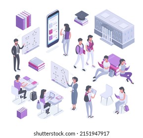 Isometric Teacher, Students Characters, Library And Study Room. College Studying, Education And Communication Vector Symbols Illustrations Set. Teenage Students And Teachers