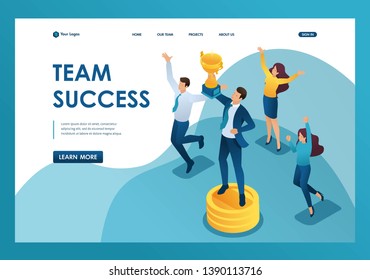 Isometric the team has achieved success, the businessman jumps with a Cup in hand. Template landing page