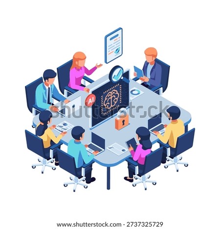 Isometric A Team of Professionals Discussing AI Ethics. AI Ethics Committee Meeting Concept