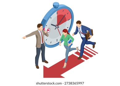 Isometric team run toward finish line under huge clock. Urgent deadline, time pressure and business rush. Time limit, urgency and office pressure concept illustration.