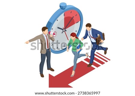 Isometric team run toward finish line under huge clock. Urgent deadline, time pressure and business rush. Time limit, urgency and office pressure concept illustration.