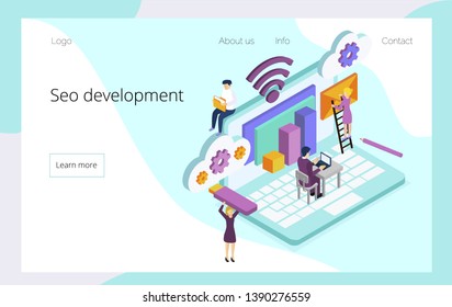 Isometric team of specialists working internet marketing, seo development, social media. Modern vector illustration concepts for website and mobile sitr, apps
