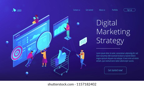 Isometric team of specialists working on digital marketing strategy landing page. Digital marketing, seo, digital analysis, profit concept. Blue violet background. Vector 3d isometric illustration.