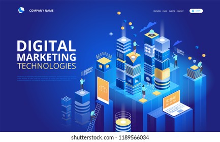 Isometric Team Of Specialists Working On Digital Marketing Strategy Landing Page. Digital Marketing, Digital Technologies Concept. Blue Violet Background. Vector 3d Isometric Illustration.