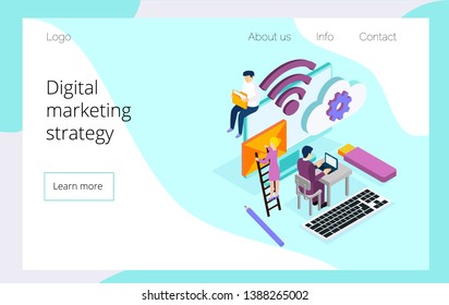 Isometric team of specialists working on digital marketing strategy landing page. Digital marketing, digital technologies concept. Blue violet background. Vector 3d isometric illustration.