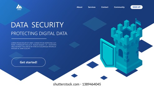 Isometric team of specialists working on digital marketing strategy landing page. Digital marketing, digital technologies concept. Blue violet background. Vector 3d isometric illustration. Data save.