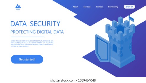 Isometric team of specialists working on digital marketing strategy landing page. Digital marketing, digital technologies concept. Blue violet background. Vector 3d isometric illustration. Data save.