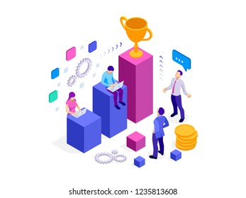 Isometric Team success and Teamwork. Flat design style web banners for business workflow and success, project management, team building.