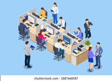 Isometric Team at Work. Business people in smart casual wear working together in creative office. Office workers sitting at desks and communicating or talking to each other.