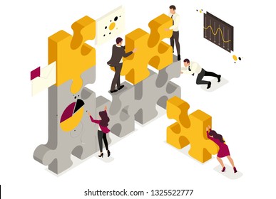 Isometric team work together to create a project, businessmen. Concept for web design.