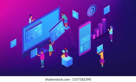 Isometric IT team working with charts on content marketing illustration. Business, digital content, content strategy and management concept. Ultra violet background. Vector 3d isometric illustration. Isometric IT team working with charts on content marketing illustration. Business, digital content, content strategy and management concept. Ultra violet background. Vector 3d isometric illustration.