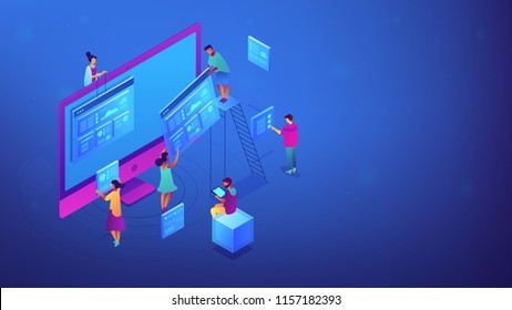 Isometric IT team working with web pages, charts and data illustration. Seo analysis and strategy, marketing, search engine results, concept. Blue violet background. Vector 3d isometric illustration.