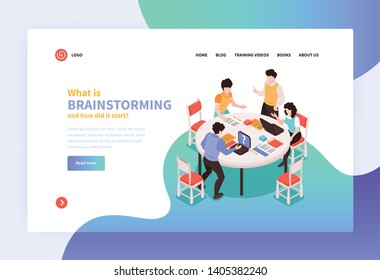Isometric teamwork brainstorming concept banner web site landing page design with clickable links text and images vector illustration