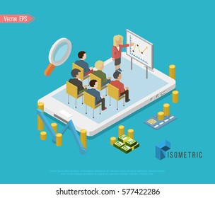 Isometric teamwork and brainstorming with Flat style. A lot of design elements are included: computers, mobile devices, desk supplies, pencil,coffee mug, sheets,documents
