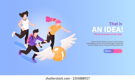 Isometric teamwork brainstorming horizontal banner with people running for flying ball conceptual images text and button vector illustration
