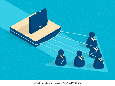 Concepto de trabajo en equipo isométrico con un grupo abstracto de empresarios sacando una caja con maletín