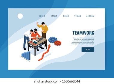 Isometric teamwork concept banner for web site landing page with people and links buttons with text vector illustration