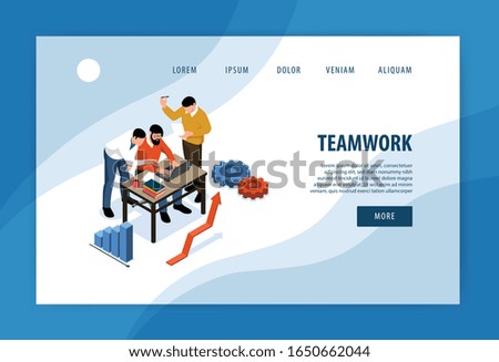 Isometric teamwork concept banner for web site landing page with people and links buttons with text vector illustration