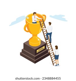 Isometrisches Teamwork-Konzept. Kollegen, um die Trophäe zu gewinnen. Illustrator, Vektorgrafik.