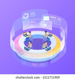 Isometric Teamwork data analytics management, artificial intelligence dashboard on HUD virtual screen with data statistics charts vector illustration.