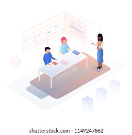 Isometric teamwork design concept with people discussing plans and graphics. Modern design for banners, posters etc.Vector illustration.