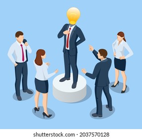 Isometric Teamwork and Leadership concept. Innovative thinking, finding solution, people developing own idea. Collaboration meeting, sharing knowledge, teamwork or people thinking the same idea