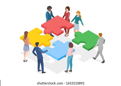 Isometric Teamwork Partnership Leadership flat design vector illustration. Team of People work gathering four Parts of Puzzle