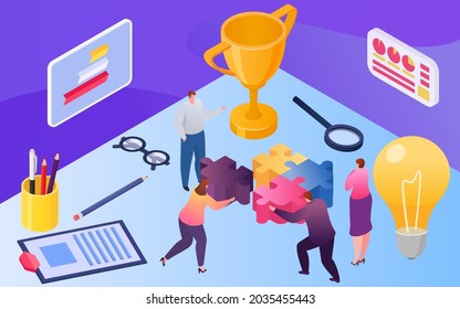 Isometric teamwork with people, vector illustration. Businessman woman character put puzzles together, worker near huge lamp idea design.