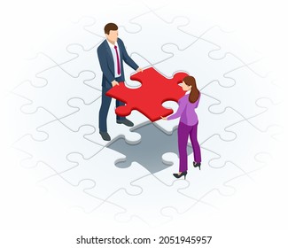 Isometric Teamwork With Puzzle, Teamwork, Cooperation, Partnership Concept. Collaboration, Unity As Jigsaw. Solution And Success.