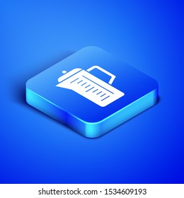 Isometric Teapot icon isolated on blue background. Blue square button. Vector Illustration