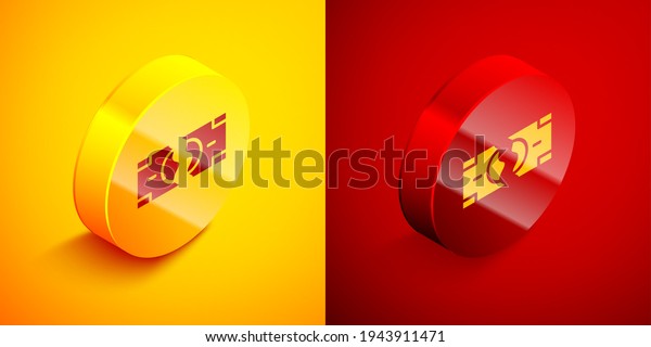 Isometric Tearing apart money banknote into two\
peaces icon isolated on orange and red background. Circle button.\
Vector