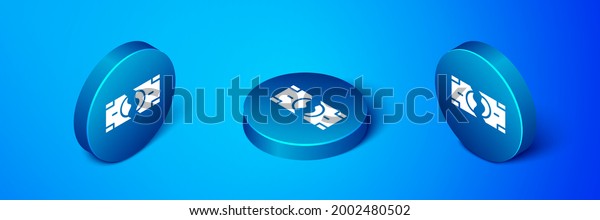 Isometric Tearing\
apart money banknote into two peaces icon isolated on blue\
background. Blue circle button.\
Vector