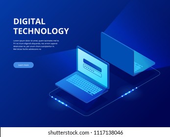 Isometric Tech devices connected, big data processing, energy station of future, server room rack, data center concept vector illustration. Global network and data exchanges.
