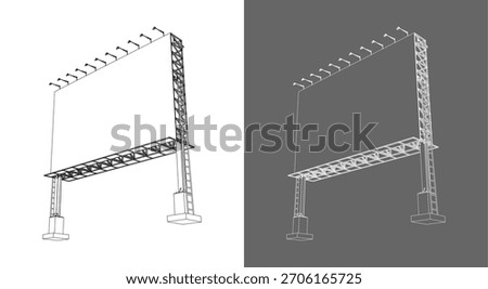 Isometric technical blueprint illustration of a large outdoor billboard structure featuring steel truss framing, support columns, lighting fixtures, and maintenance ladders