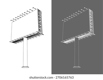 Ilustración isométrica del plano técnico de una estructura de cartelera de un solo poste con estructura de celosía de acero
