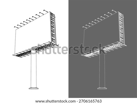 Isometric technical blueprint illustration of a single-pole billboard structure featuring steel truss framing