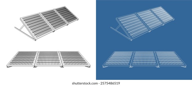 Isometric Technical Blueprint Illustration of Solar Panel Array and Structure line drawing. isolated on white background