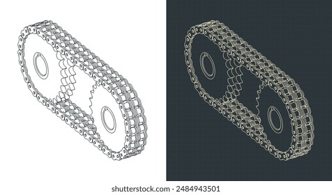 Isometric technical drawings of a double chain drive