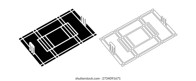 Isometric technical illustration of cricket central pitch and stumps