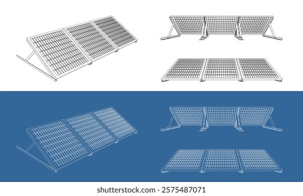 Isometric Technical Line Drawing of Solar Panel Array with Mounting Structure. Blueprint technical drawing isolated on white background