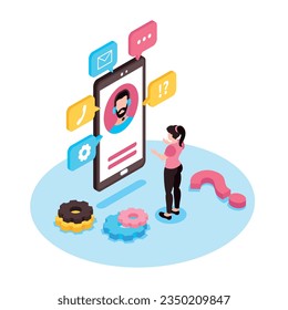 Isometric technical support composition with isolated circle view of girl with smartphone chat bubbles and pictograms vector illustration