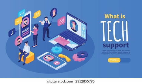 Isometric technical support horizontal banner with smartphone icons gears chat bubbles people and text with button vector illustration