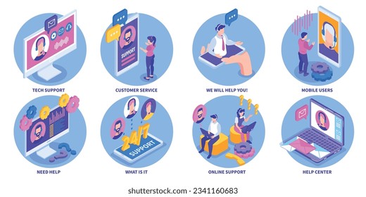 Conjunto de compatibilidad técnica isométrica de composiciones de círculo aisladas con gadgets computadoras caracteres humanos y subtítulos de texto ilustración vectorial